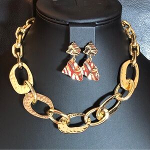 Gold Statement Chunky Chain Necklace + Hammered Dangle Earrings 8499